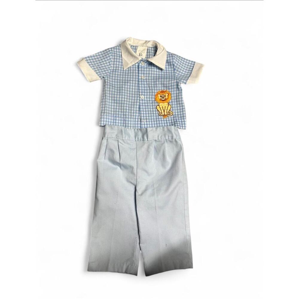 Baby boys vintage 70s bundle gingham embroidered lion shirt and sky blue pants